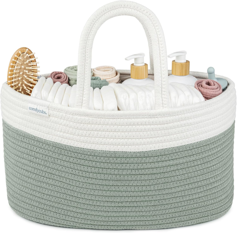 Rope Diaper Caddy Organizer Large 3 Compartment Baby Basket Sage8