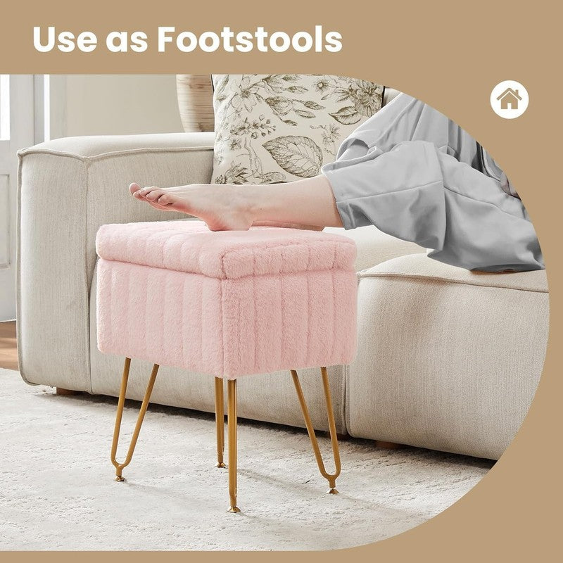 Vanity Stool Ottoman with Storage Faux Fur Seat Footrest Chair 4 Metal Legs Pink4