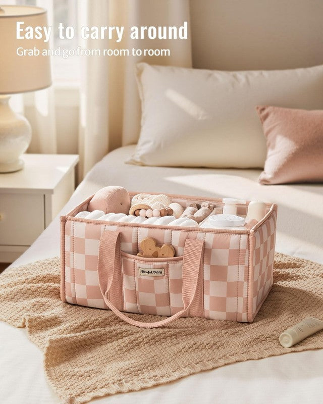Checkered Diaper Caddy Organizer Nursery Storage Basket Pink Baby3