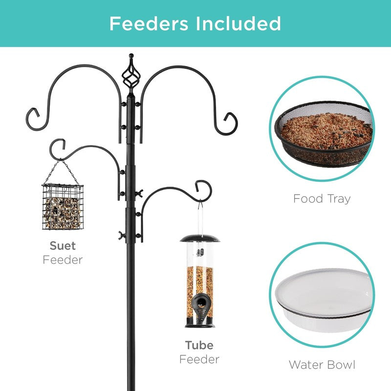 91" Black Steel 4-Hook Bird Feeding Station w/ 2 Feeders, Tray & Bird Bath2
