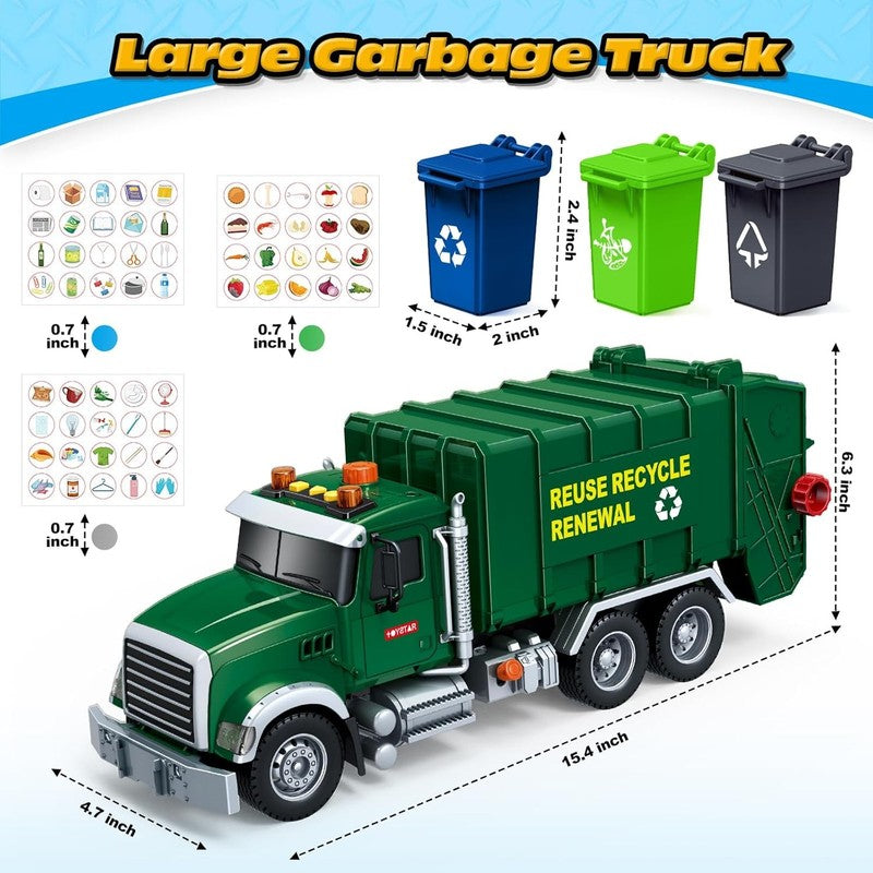 15 Inch Garbage Truck Toy with Sound Lights Trash Bins Learning Cards for Kids A6