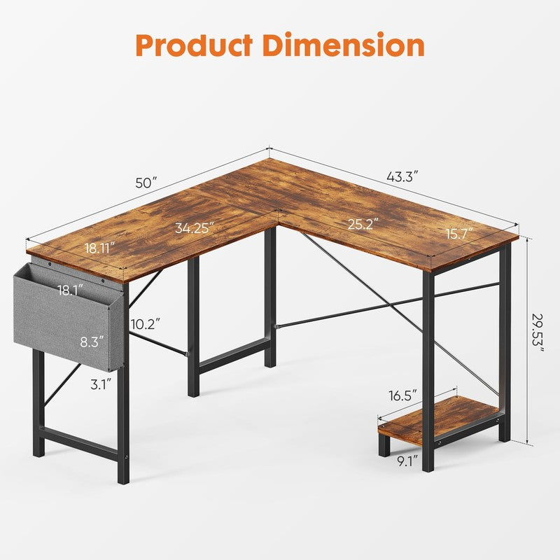 49" Modern L Shaped Computer Desk w/ Storage Shelf & Side Bag Rust4