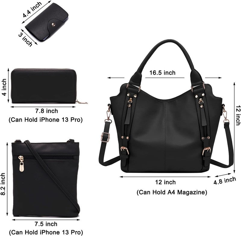 Women Large PU Leather Shoulder Tote Hobo Crossbody Bag Wallet Set 4PCS4