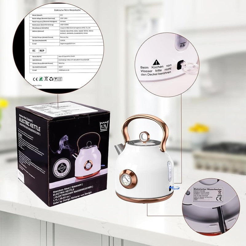 Retro Electric Kettle 1.7L 1500W Stainless Steel Temp Gauge LED White6