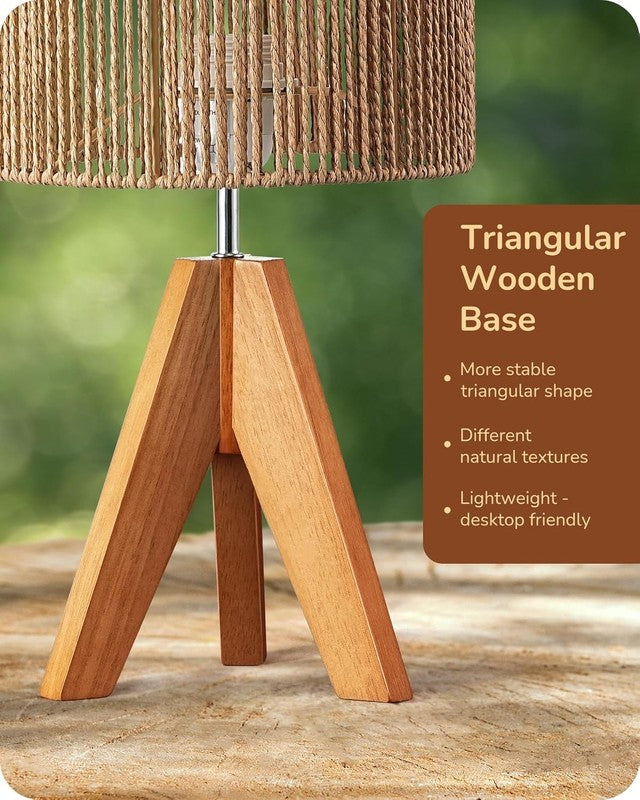 Small Rattan Table Lamp Wood Tripod Bedside Boho Nightstand Lamp E262