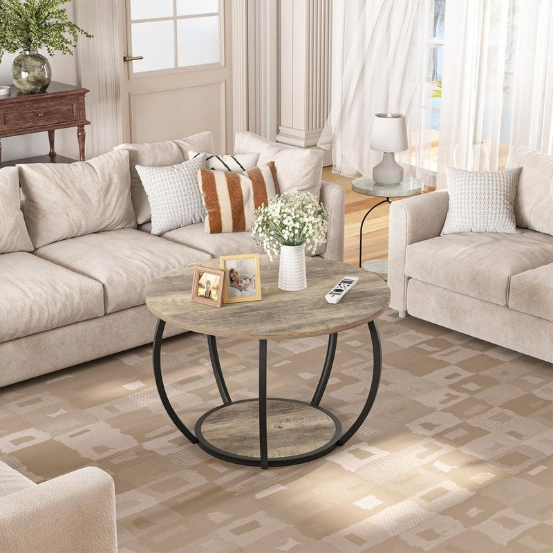 Round 2 Tier Coffee Table with Storage 27.6" Adjustable Feet, Grey Wash6