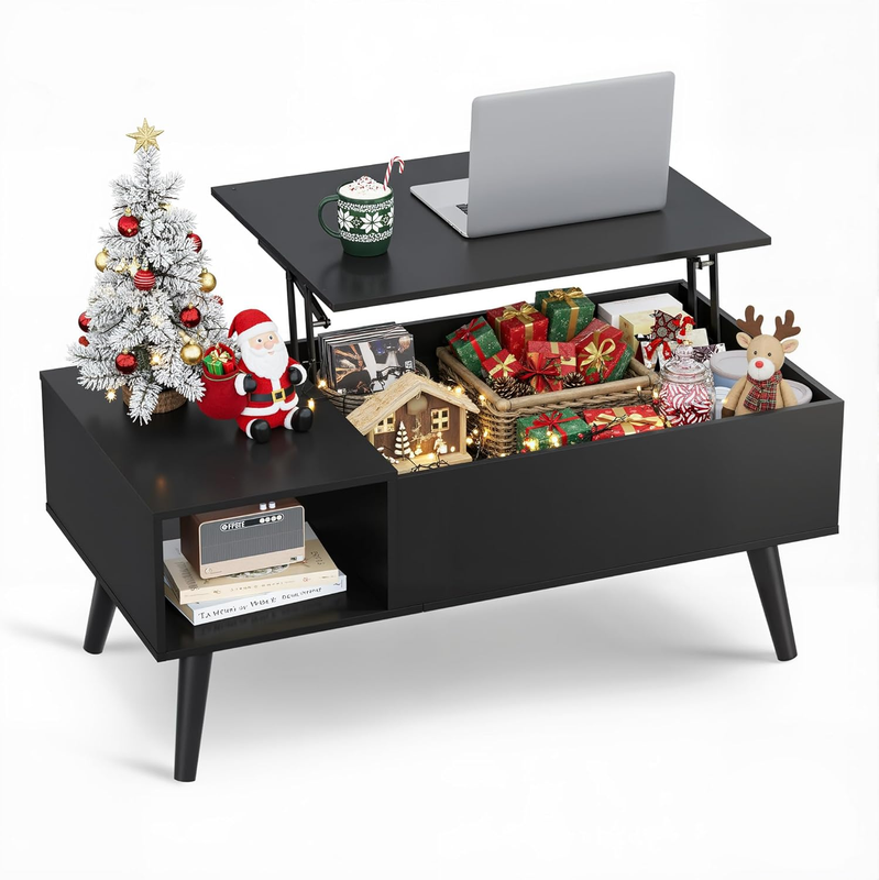 39" Lift Top Coffee Table w/ Storage Shelf Hidden Compartment Black0