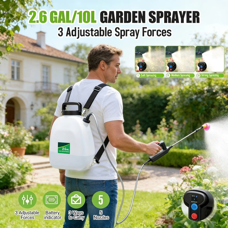 2.6 Gallon Battery Powered Backpack Sprayer Electric Garden Sprayer Adjustable N4