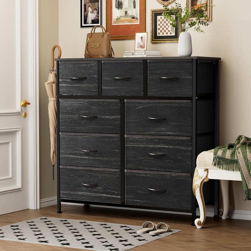 9 Drawer Fabric Dresser Storage Tower Steel Frame Wood Top Black1