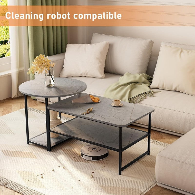 2 in 1 Grey Marble Coffee Table Set with Storage, Modern Living Room Table3