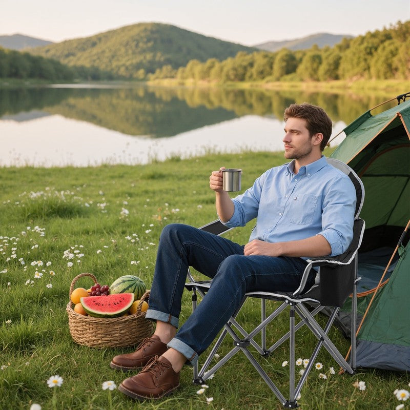 Oversized Camping Folding Chair, Heavy Duty Padded Chair with Cup Holder Storage2