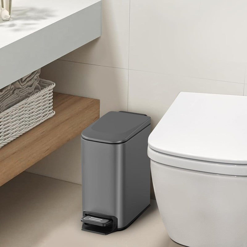 1.6 Gal Gray Bathroom Trash Can w/ Lid, Pedal, Soft Close, Stainless Steel1