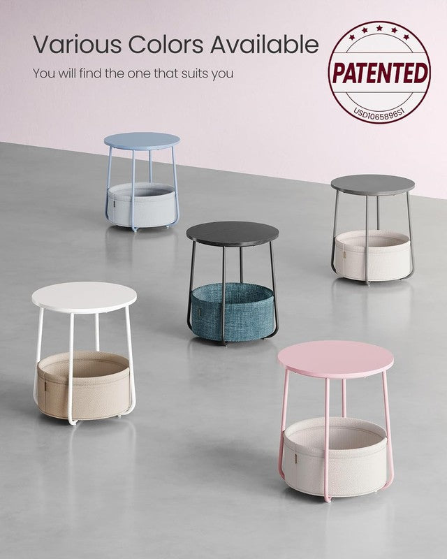 Small Round Side Table Nightstand with Fabric Basket Jelly Pink Cream White7