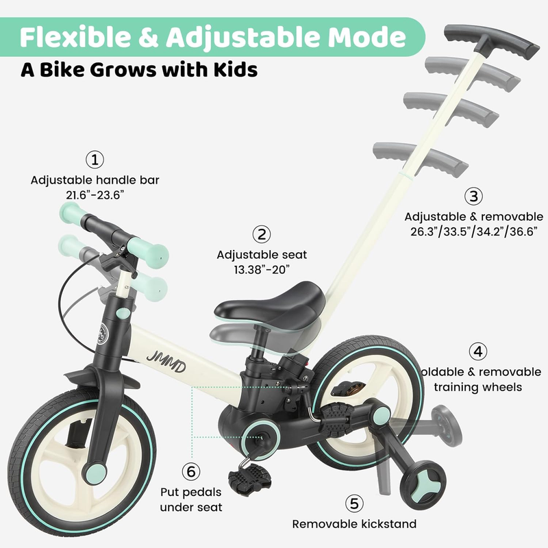 6-in-1 Toddler Bike 12" Balance Bike Push Handle Training Wheels Kids3