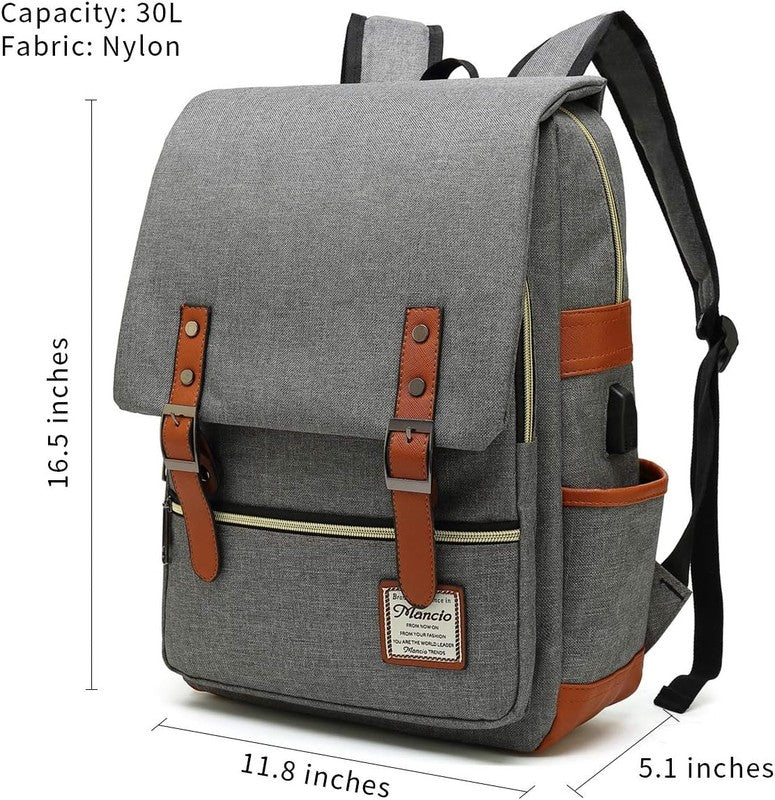 Vintage Laptop Backpack USB Charging Slim 15.6" Travel College Grey1