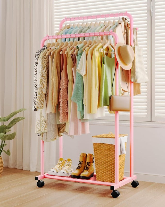 Clothes Rack with Double Rods, Mesh Shelf & Wheels, Metal Garment Rack Pink2