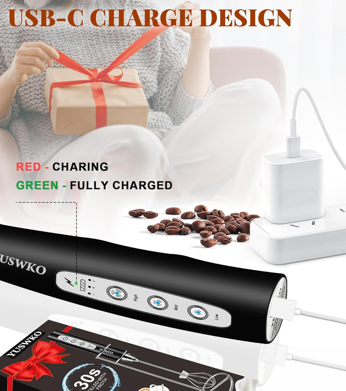 Milk Frother Handheld Rechargeable Coffee Mixer 3 Heads 3 Speeds Stand3