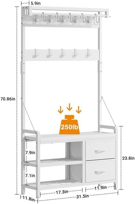 Hall Tree Entryway Bench with Coat Rack & Storage 5-in-1 White 31.5"8