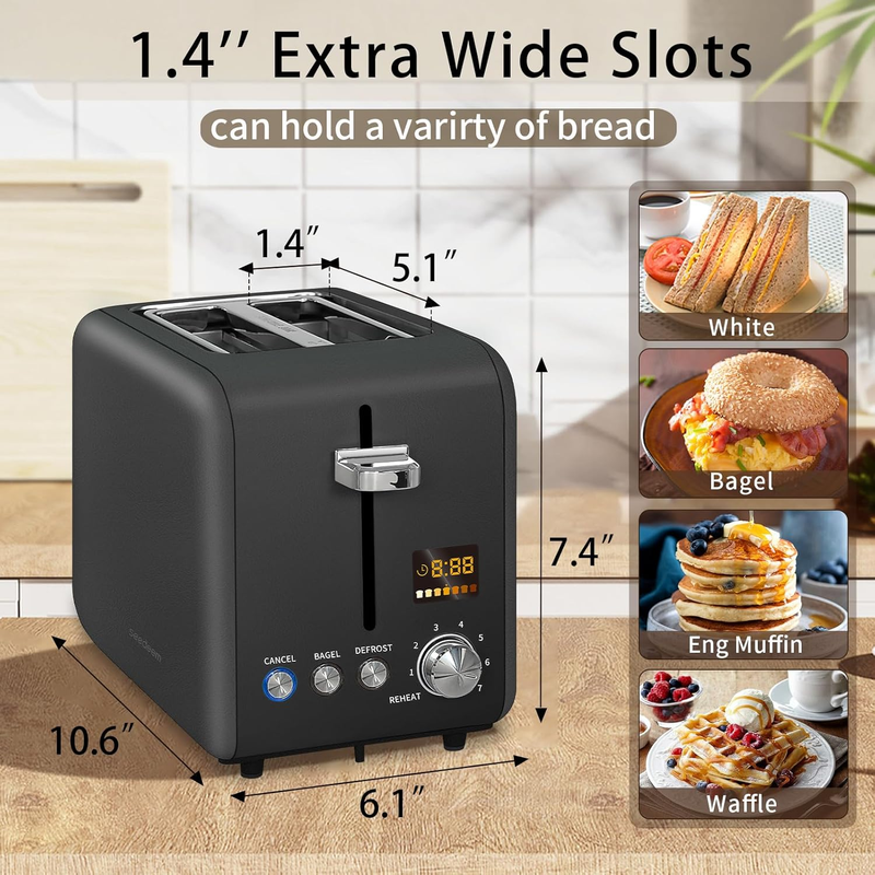Dark Chocolate 2 Slice Stainless Steel Toaster - LCD, 7 Shades, Bagel, Defrost1