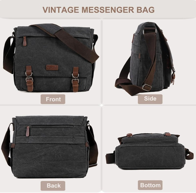 Canvas Messenger Bag 15.6" Laptop Satchel Shoulder Bag Business Unisex Black6