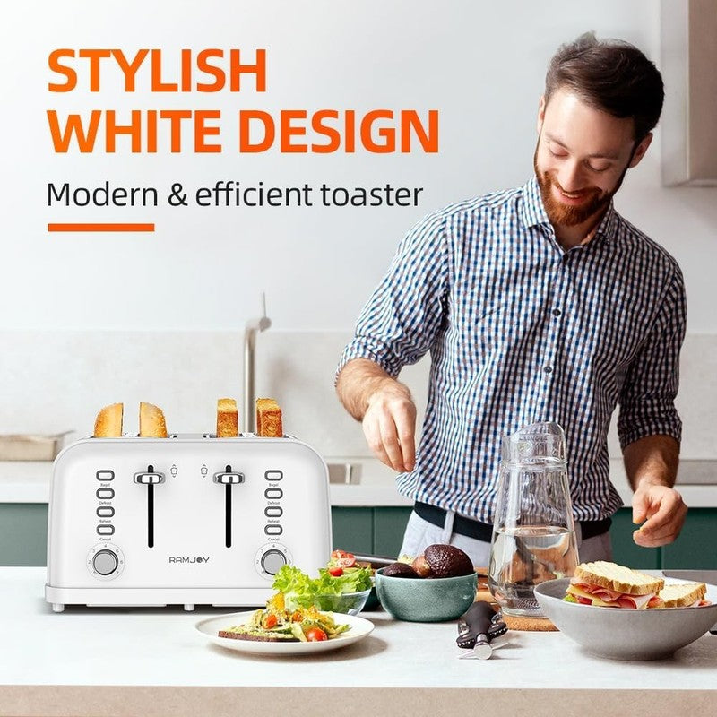 4 Slice Toaster 1500W Dual Control Extra Wide Slots 7 Shade Stainless White1