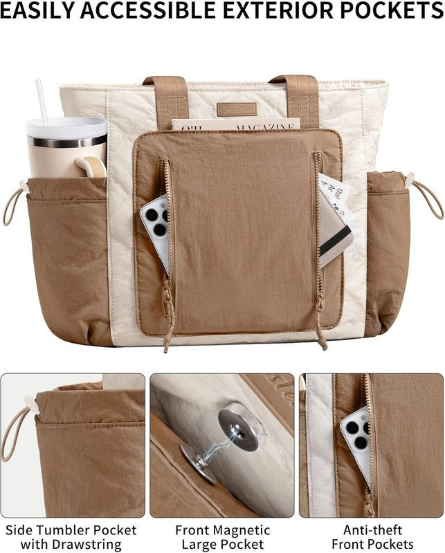 Women’s Puffer Tote Bag Lightweight Quilted Shoulder Handbag Work Laptop Khaki3