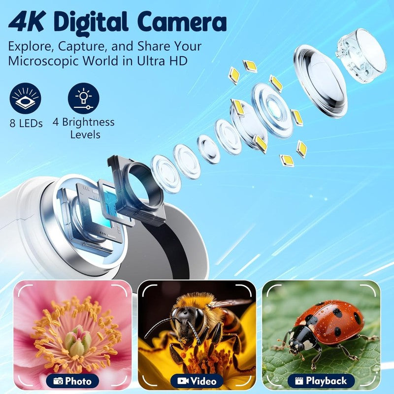 Kids 1000X Handheld Digital Microscope 4K 2.4" Display w/ 12 Slides – White2
