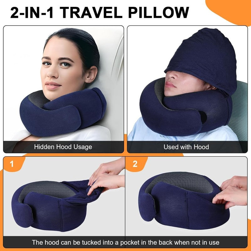 Hooded Memory Foam Travel Neck Pillow w/ Eye Mask & Earplugs – Navy Blue1