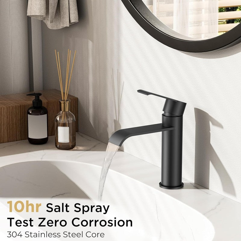 Black Bathroom Faucet 1 Hole, Single Handle Matte Black Waterfall Bathroom Fauce1