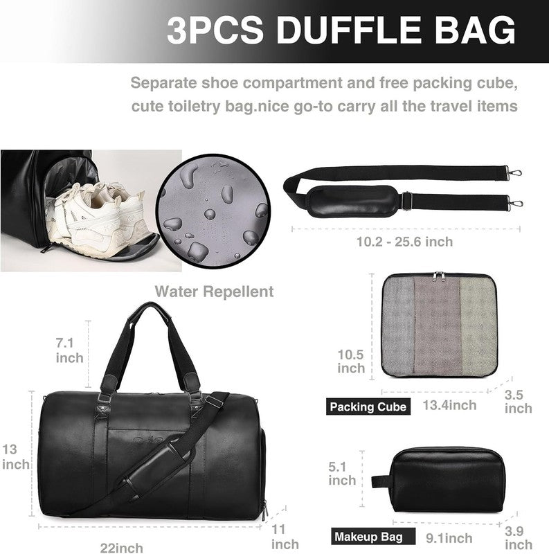 3 in 1 Leather Duffle Bag w/ Shoe & Toiletry Compartment Weekender Black3
