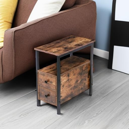 End Table Narrow Chairside Table with Drawer & Shelf Rustic Brown Black5
