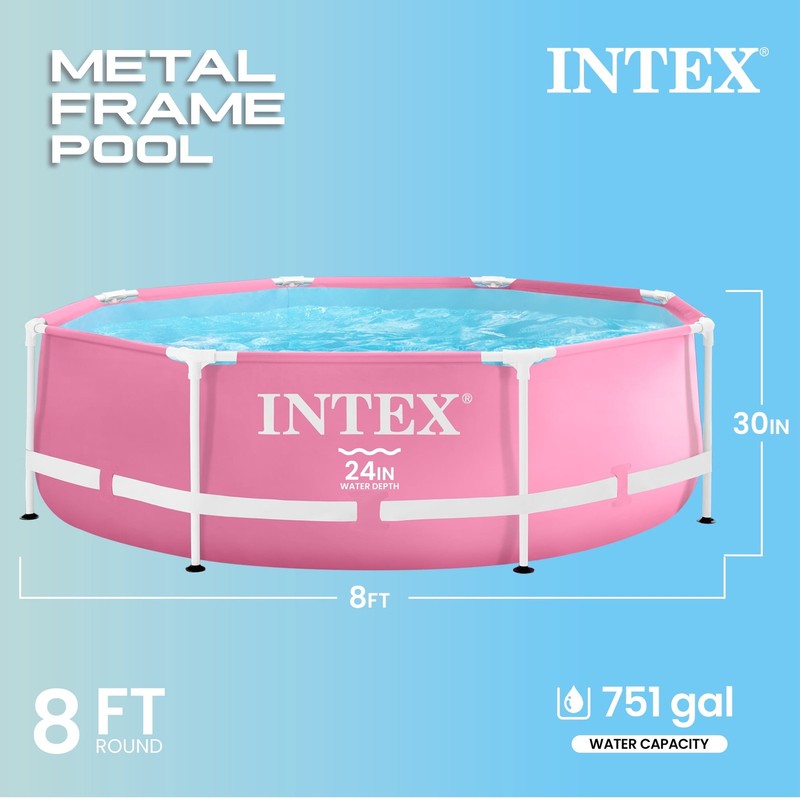 8ft Round Metal Frame Pool 30in Above Ground Swimming Pool Pink1