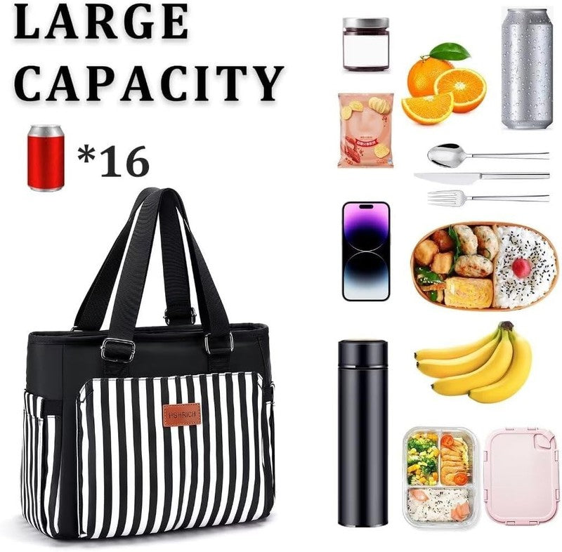 Large Insulated Lunch Bag for Women Leakproof 12L Cooler Tote Black Stripes2