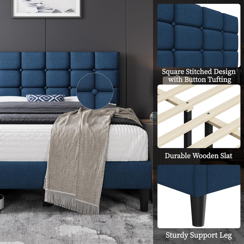 Upholstered Full Bed Frame Tufted Headboard Adjustable Wood Slats Navy Blue3