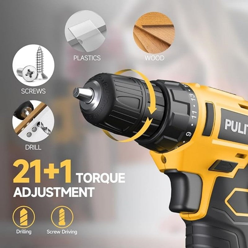 12V Cordless Power Drill Kit 21+1 Torque LED Battery Charger Compact Yellow2