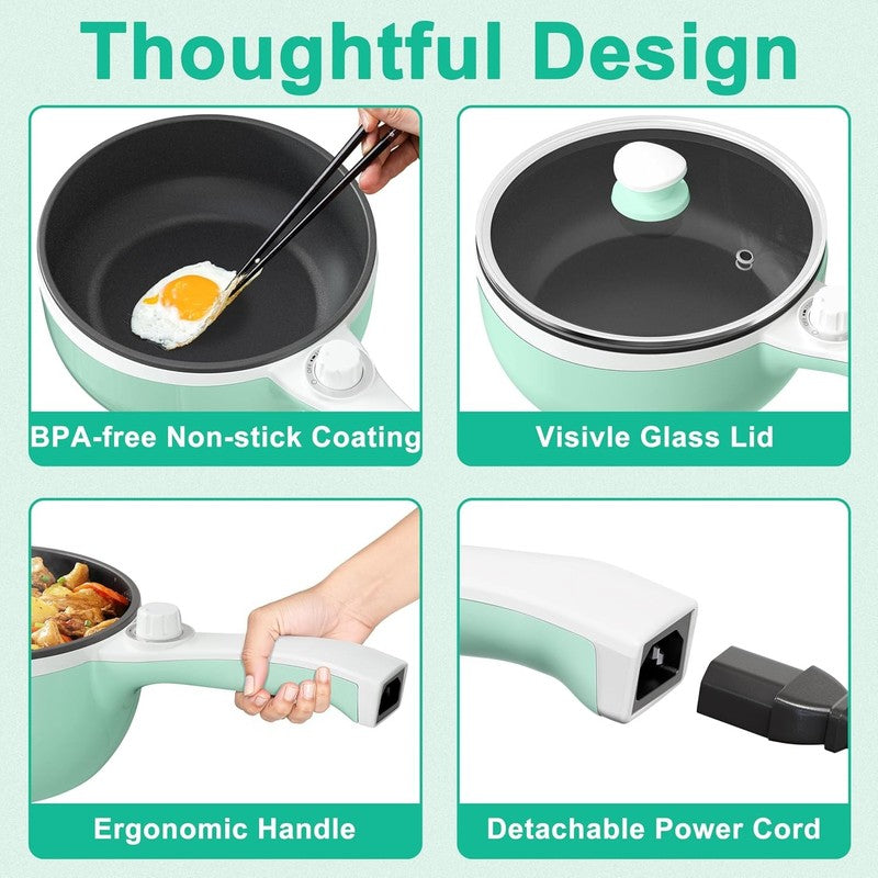 Electric Hot Pot 1.5L Mini Non Stick Sauté Pan Adjustable Power Portable Green6