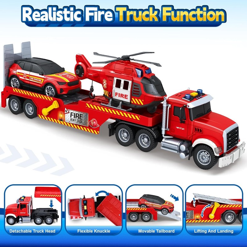 Extra Large Fire Truck Toys for Boys Girls with Racing Car and Helicopter, Light1