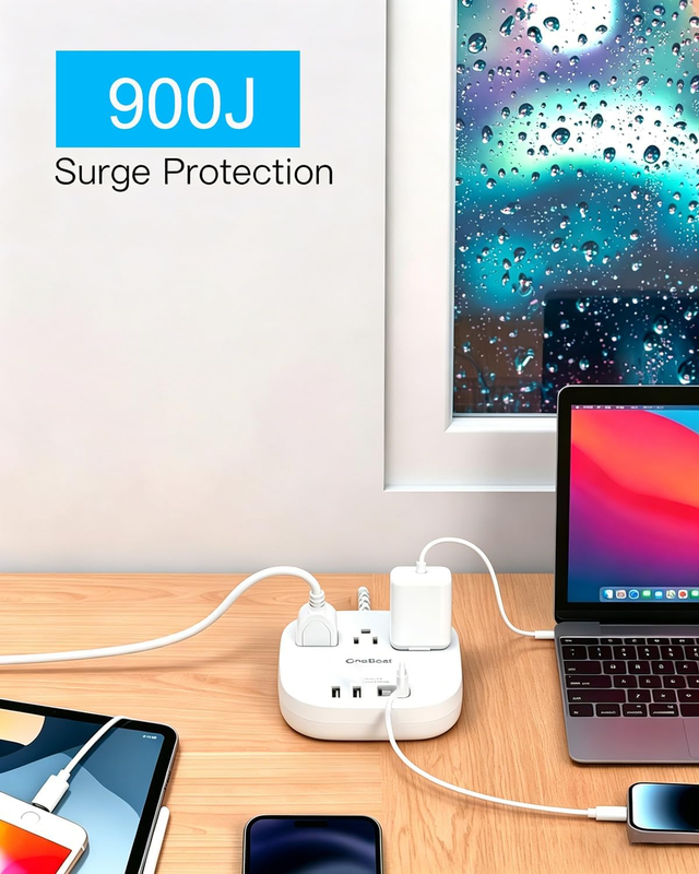 Surge Protector Power Strip 3 Outlets 4 USB 2 USB C 6FT Flat Plug1