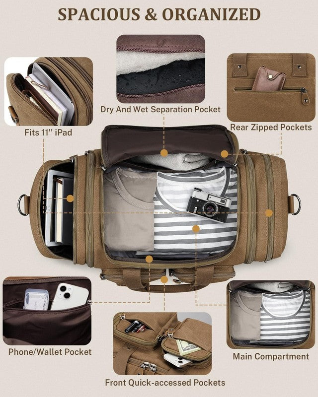 Expandable 50L Canvas Duffle Bag Coffee Travel Gym Weekender Carry On5