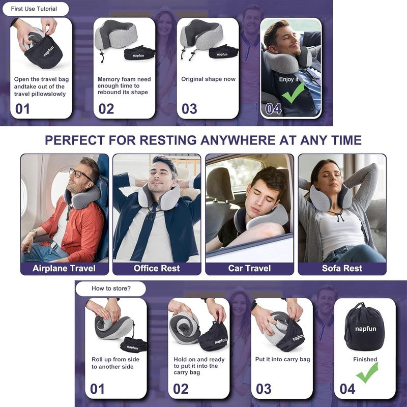 Travel Neck Pillow 100% Memory Foam – Portable Airplane Headrest – Light Grey4