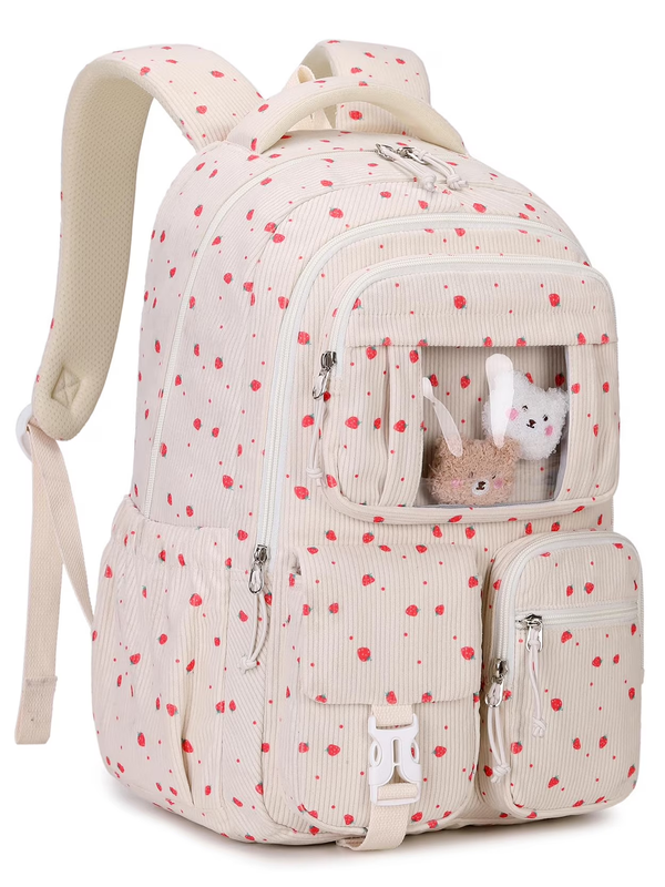 Beige Strawberry Corduroy Kawaii Ita School Backpack7