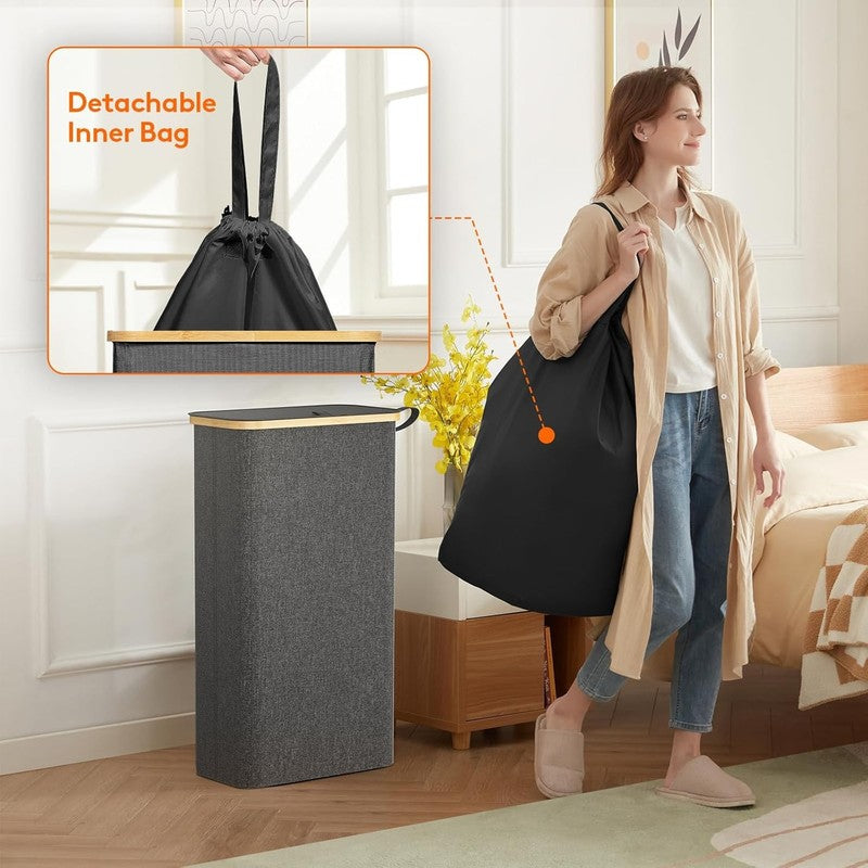 65L Narrow Laundry Hamper with Lid & Removable Bag, Foldable Clothes Basket2