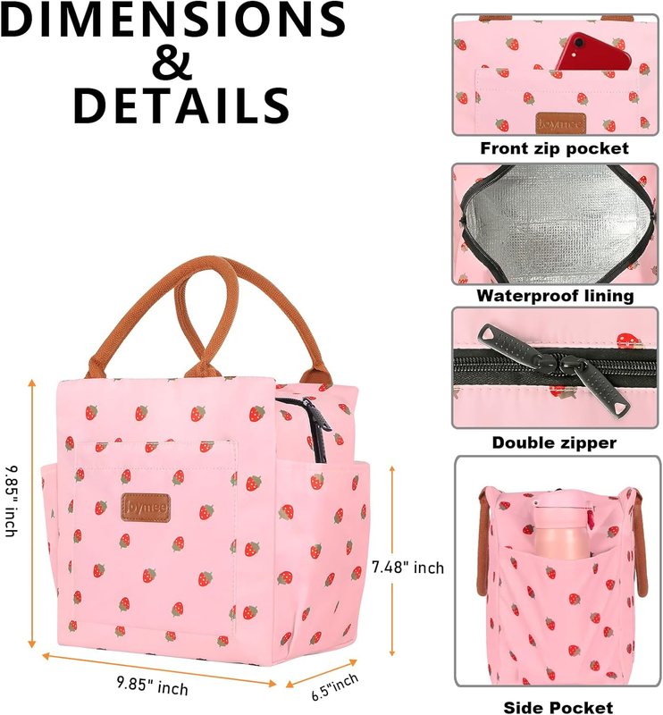 Insulated Lunch Bag Large Reusable Tote w/ Bottle Holder Strawberry Pink4