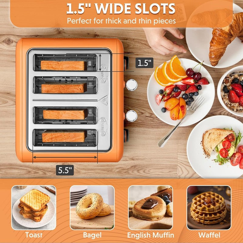 Retro 4 Slice Toaster 1800W Extra Wide Slots 7 Shade Bagel Stainless Orange2