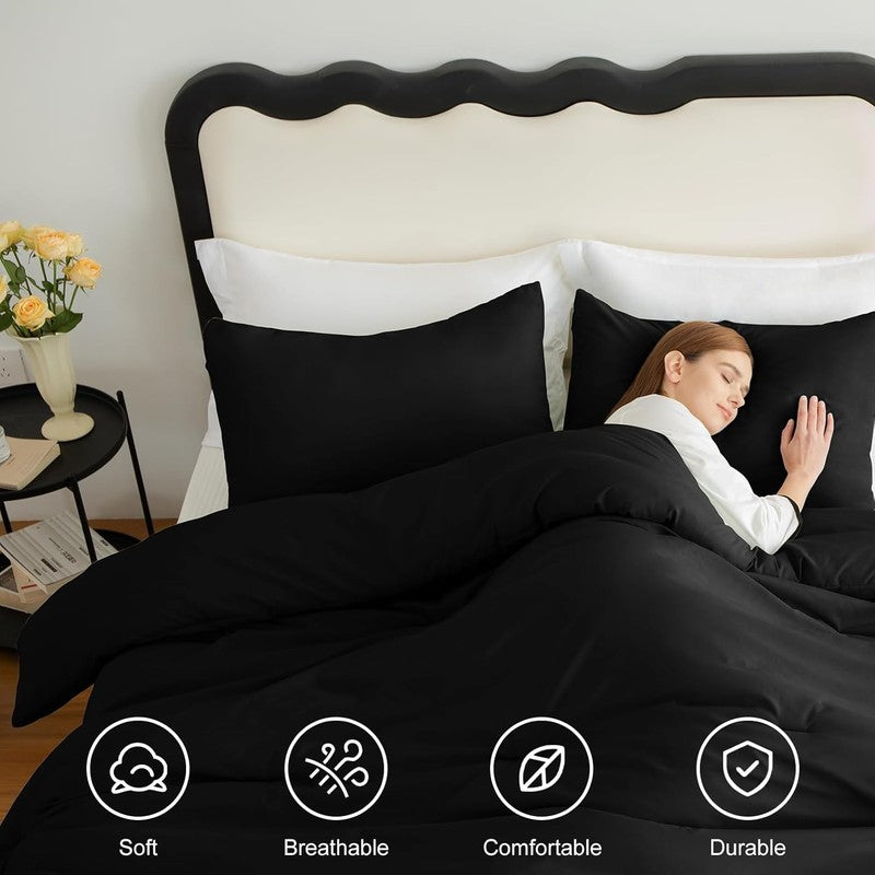 Queen Comforter Set Black, 3 Pieces Solid Queen Comforter Breathable Quilted Sty3