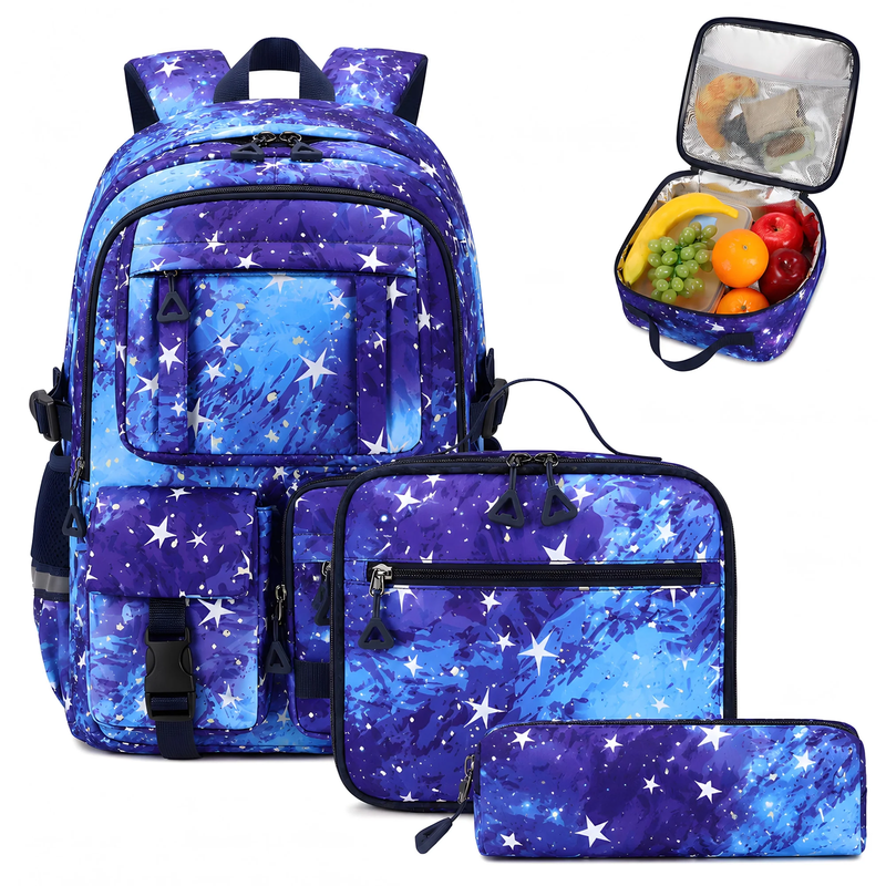 Girls 3PCS Backpack Set School Bookbag Blue Galaxy0