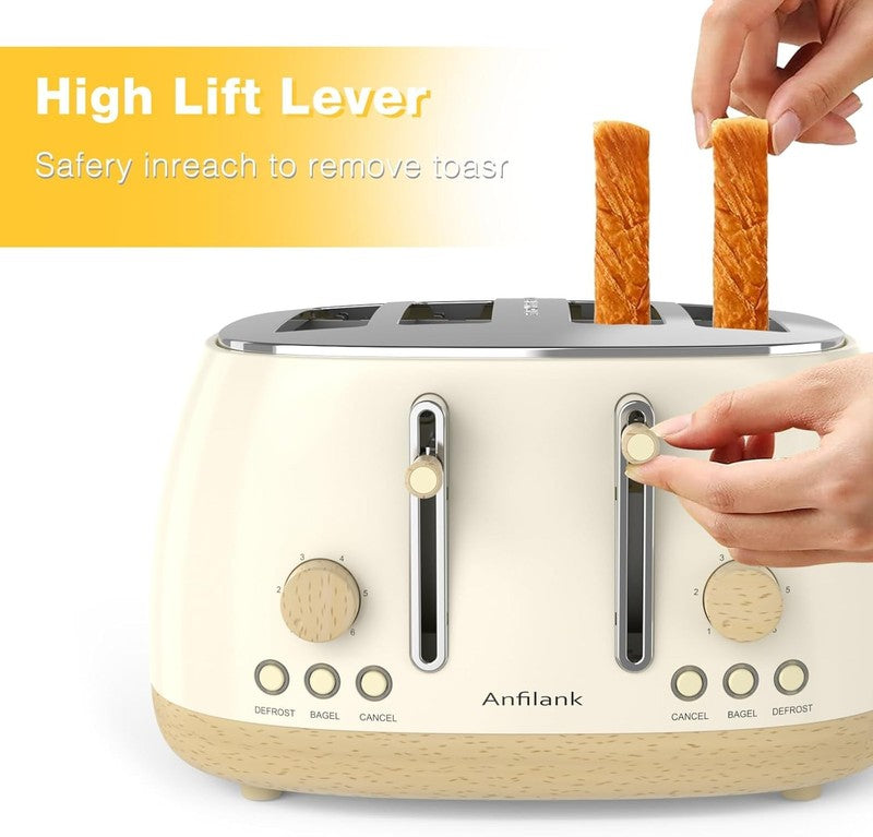 Retro 4 Slice Toaster Stainless Steel Extra Wide Slots Dual Control Bagel Beige7