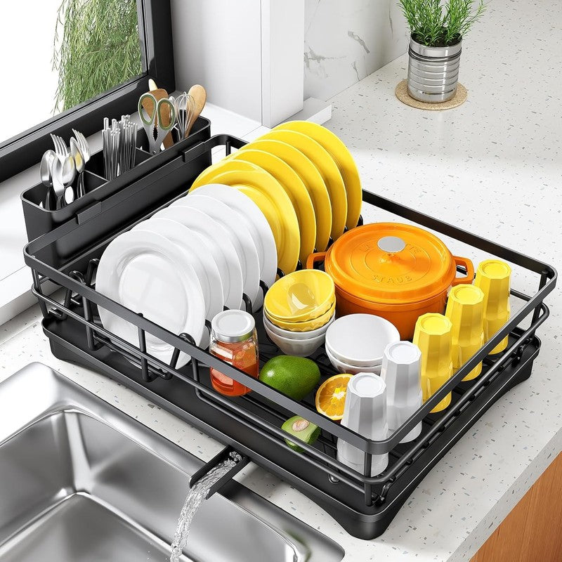Large Rustproof Dish Drying Rack with Drainboard & Utensil Holder   Black7
