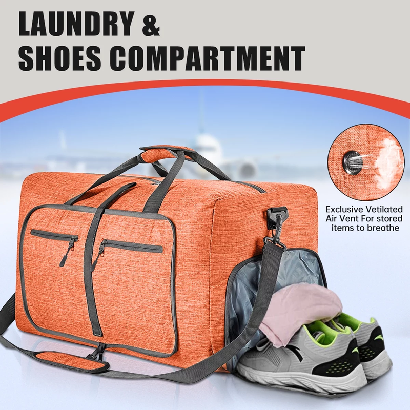 65L Foldable Travel Duffle Bag w/Shoe Compartment Water Repellent Orange4