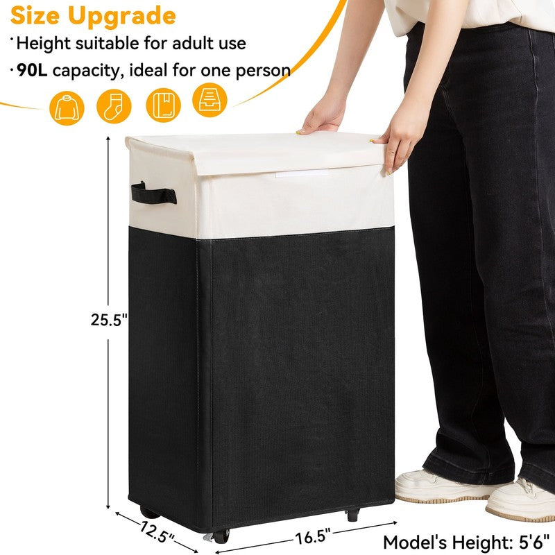 90L Rolling Laundry Hamper w/ Lid & Wheels, Collapsible Basket – Black, 27.6"3